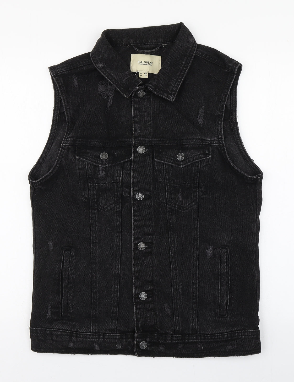 Pull & Bear Mens Black   Gilet Jacket Size M  Button - Distressed