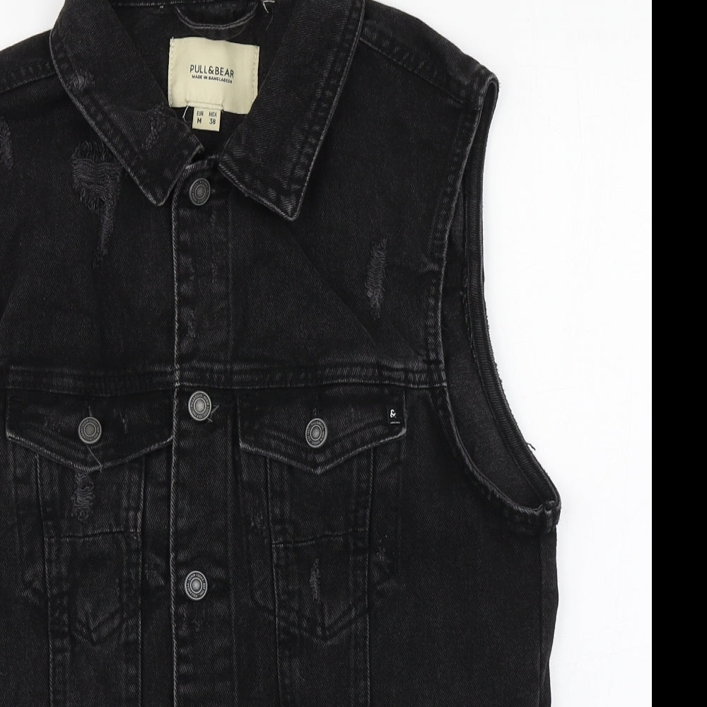 Pull & Bear Mens Black   Gilet Jacket Size M  Button - Distressed