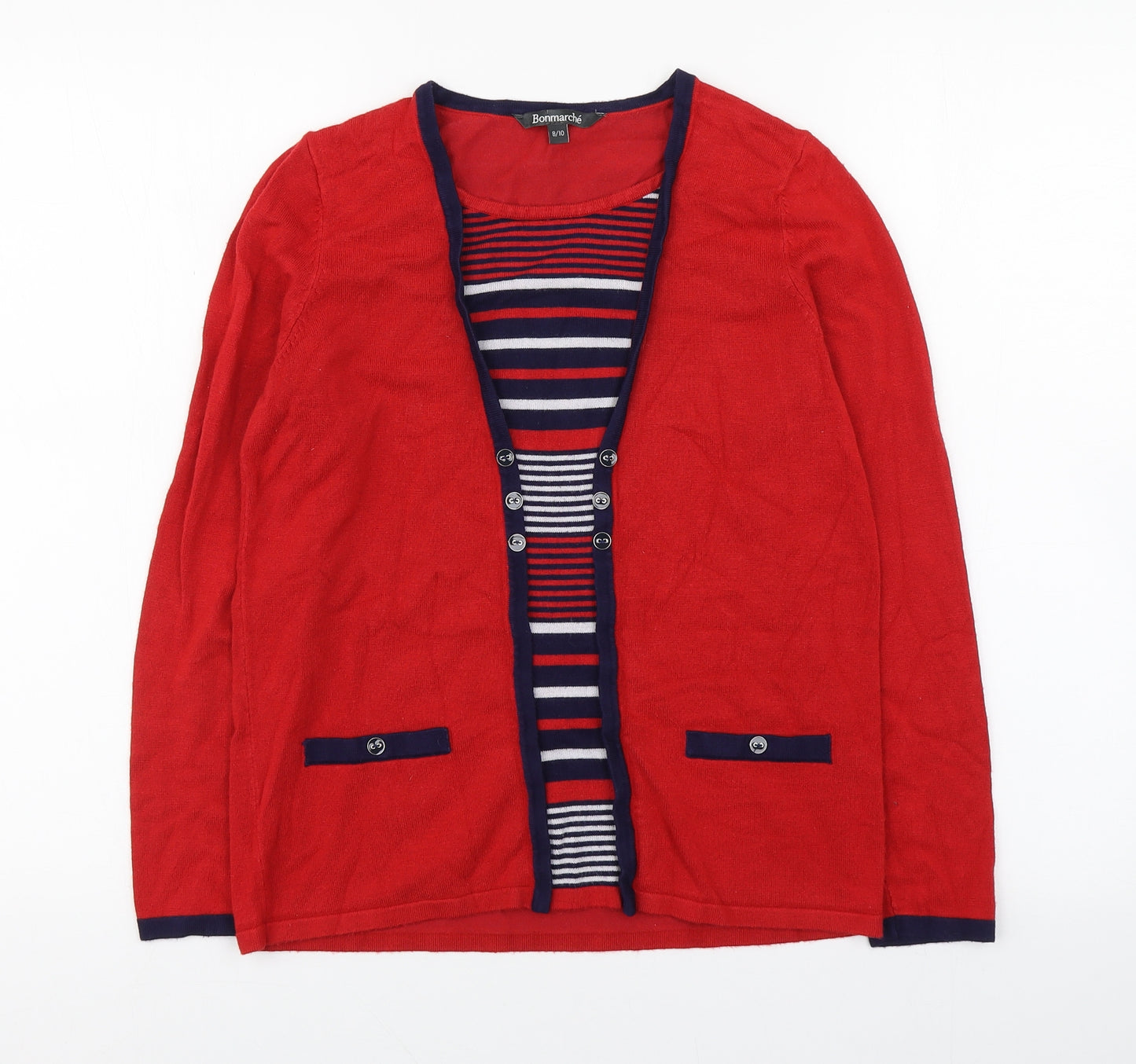 Bonmarché Womens Red Striped Viscose Basic Blouse Size 8 Square Neck