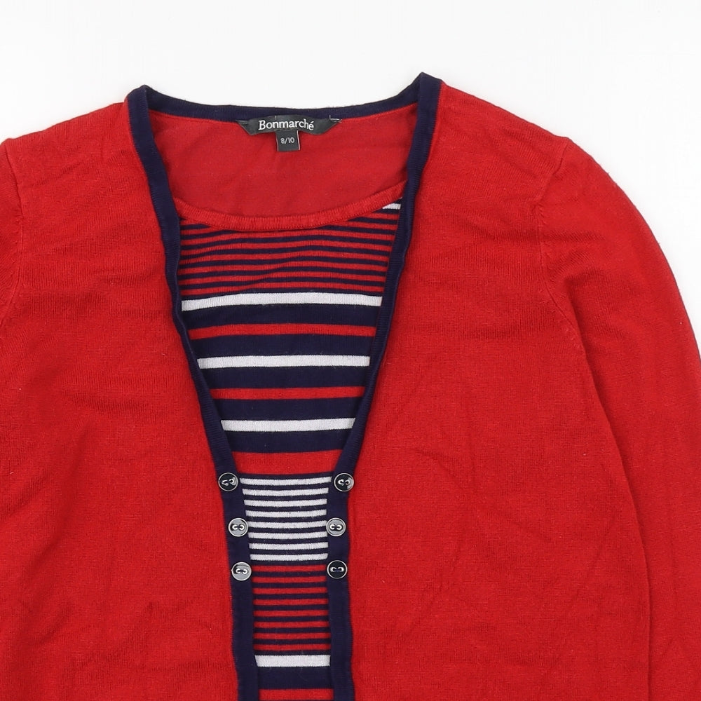 Bonmarché Womens Red Striped Viscose Basic Blouse Size 8 Square Neck
