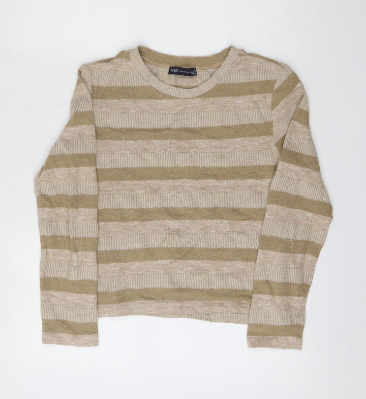 Marks and Spencer Womens Beige Striped Polyester Pullover Sweatshirt Size 8
