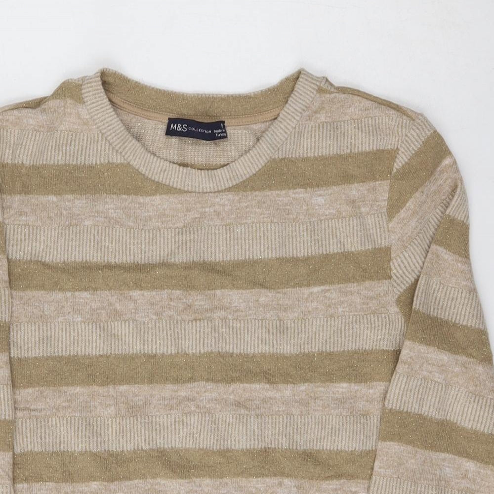 Marks and Spencer Womens Beige Striped Polyester Pullover Sweatshirt Size 8