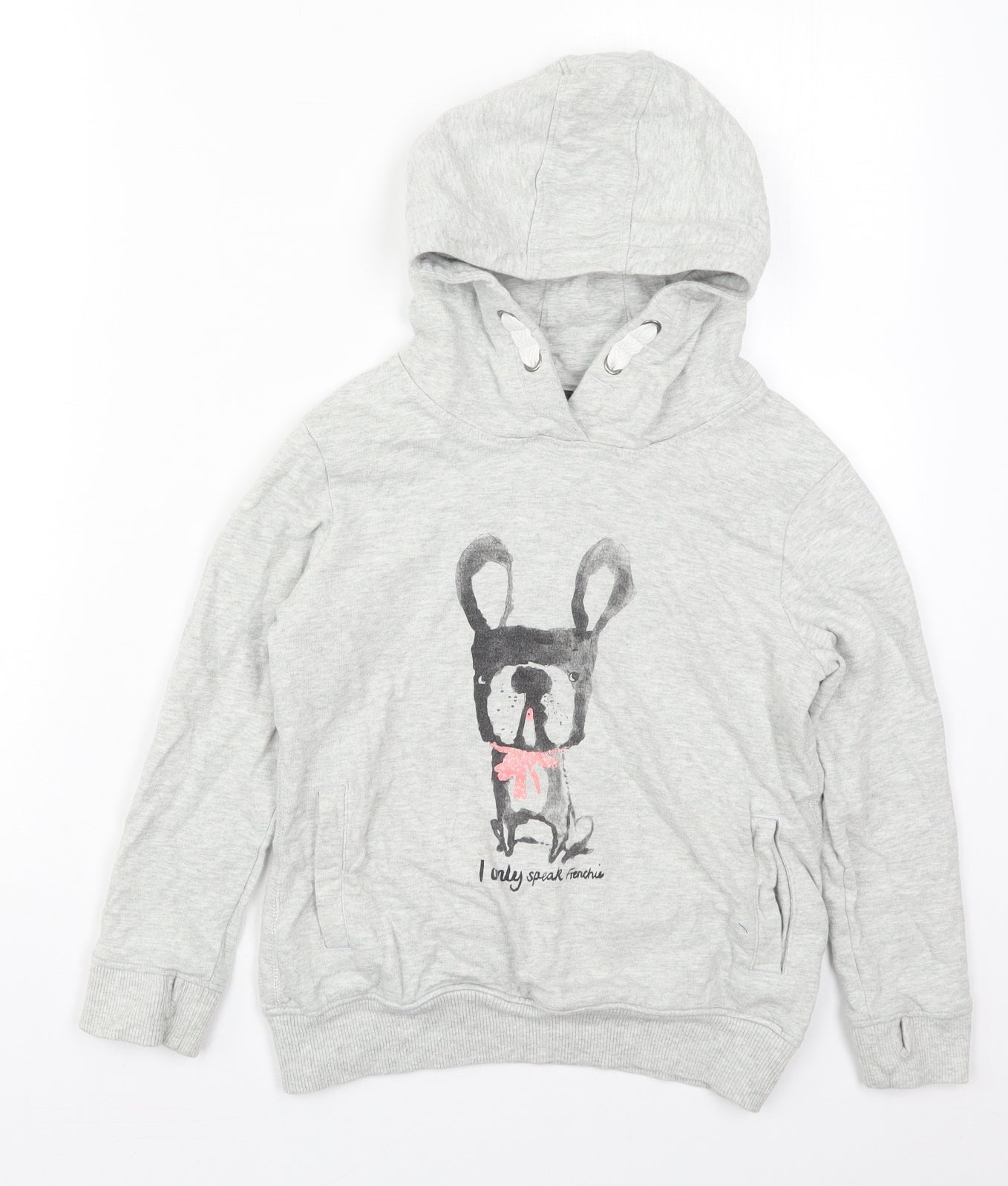 NEXT Girls Grey  Cotton Pullover Hoodie Size 9 Years  Pullover - I Only Speak Frenchie