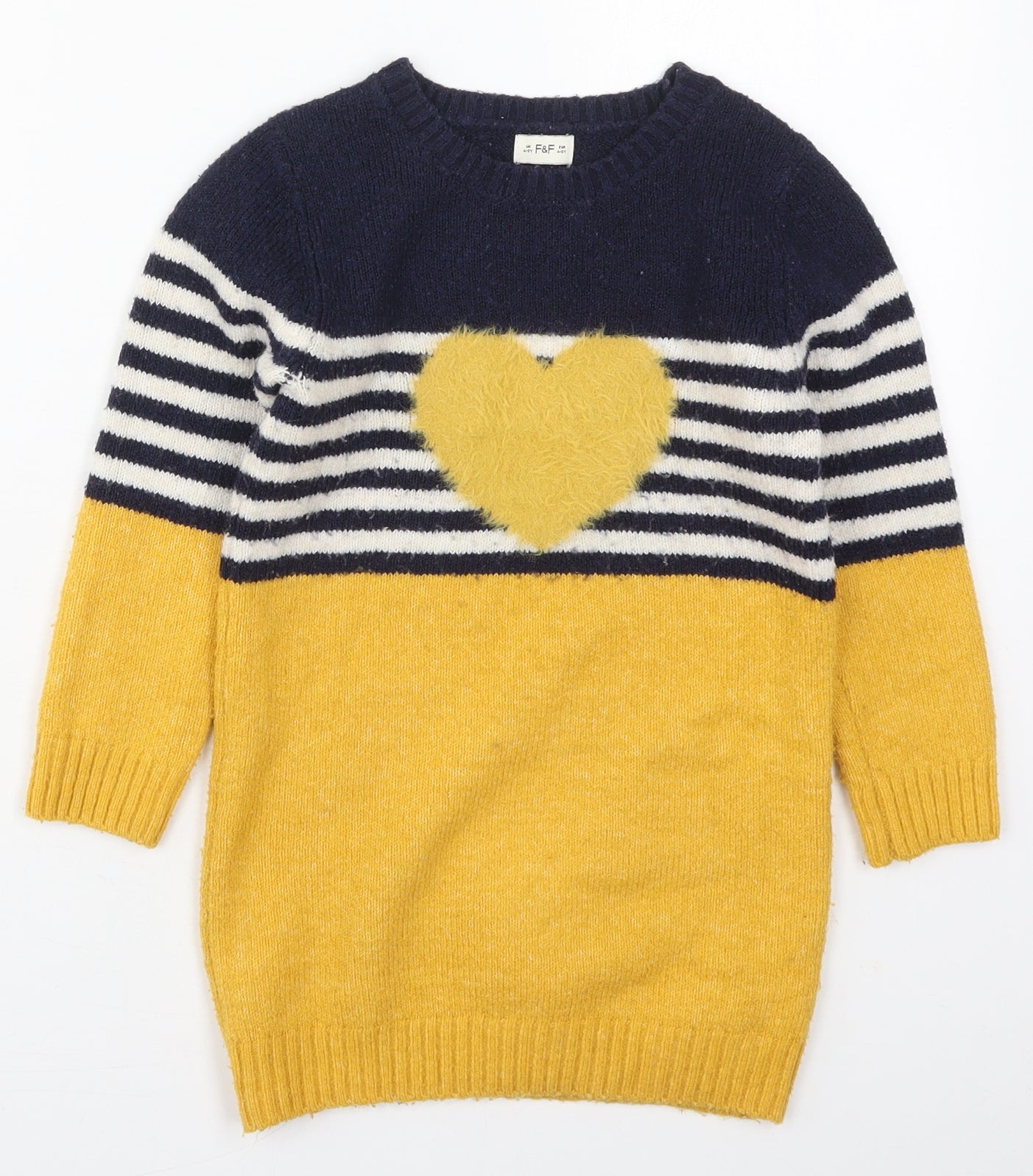 F&F Girls Yellow Striped Acrylic Jumper Dress  Size 4-5 Years  Crew Neck Pullover - Heart