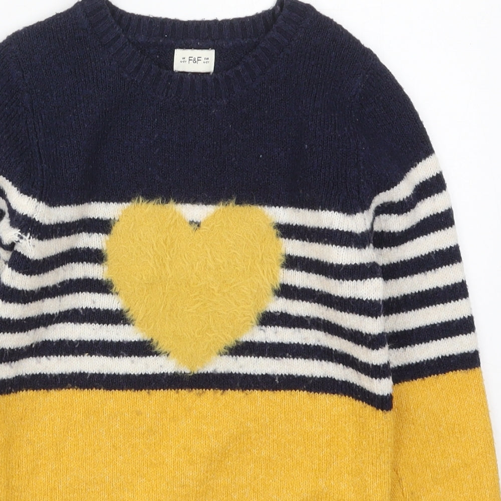 F&F Girls Yellow Striped Acrylic Jumper Dress  Size 4-5 Years  Crew Neck Pullover - Heart