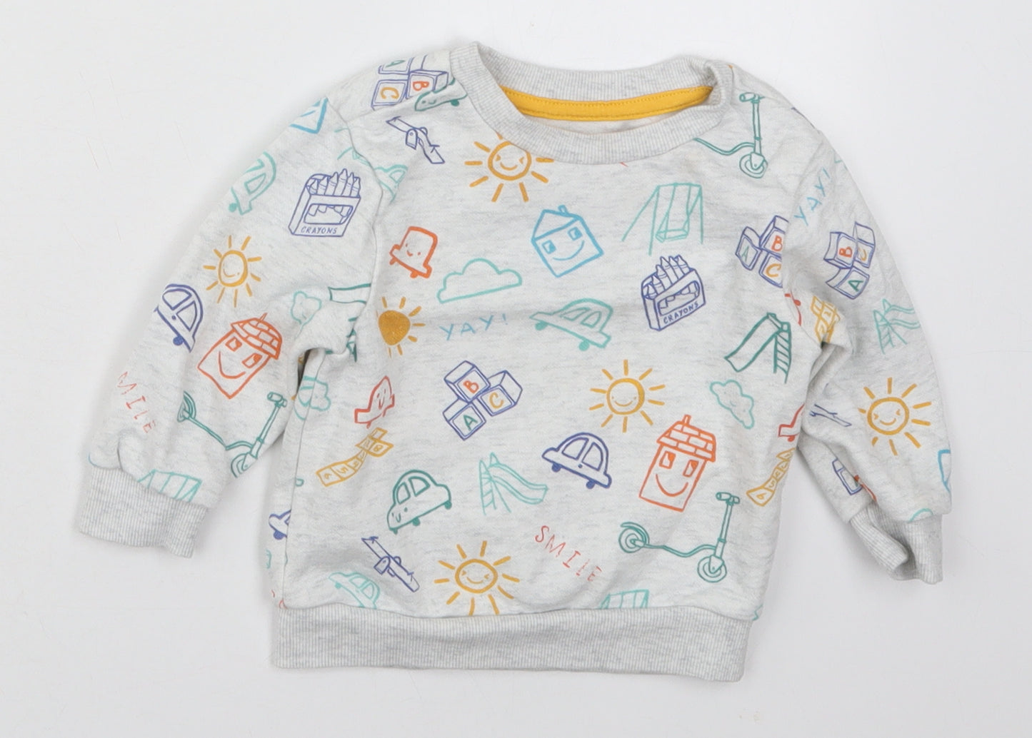 Primark Boys Grey  Cotton Basic T-Shirt Size 9-12 Months Crew Neck Pullover - Smile Cars Playground