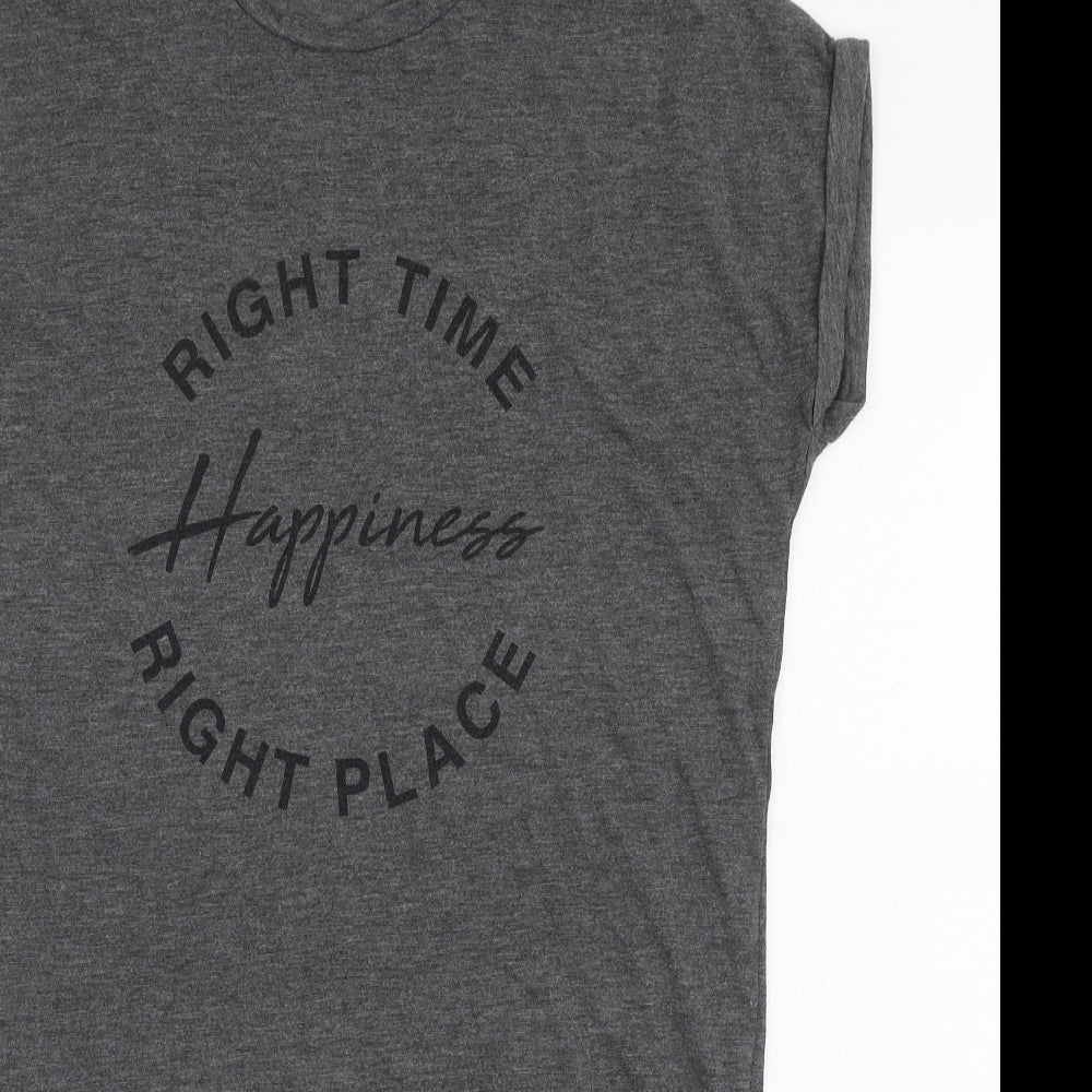 Primark Womens Grey  Polyester Jersey T-Shirt Size M Round Neck - Happiness