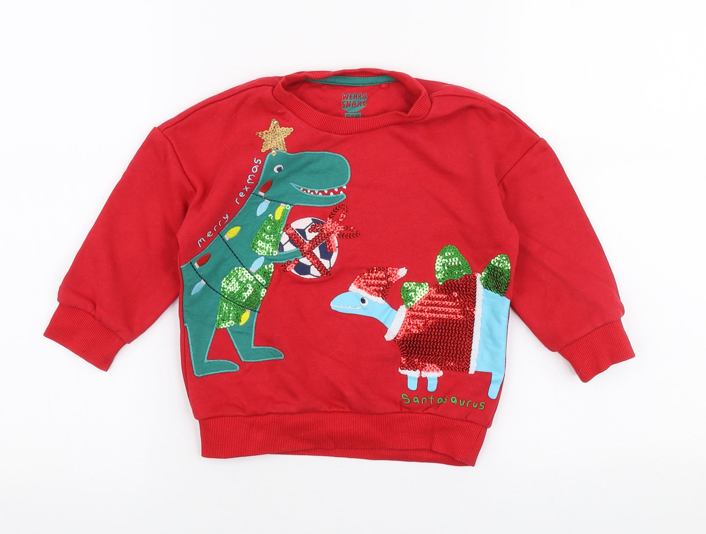 F&F Boys Red  Cotton Pullover Sweatshirt Size 2-3 Years  Pullover - Dinosaur Christmas