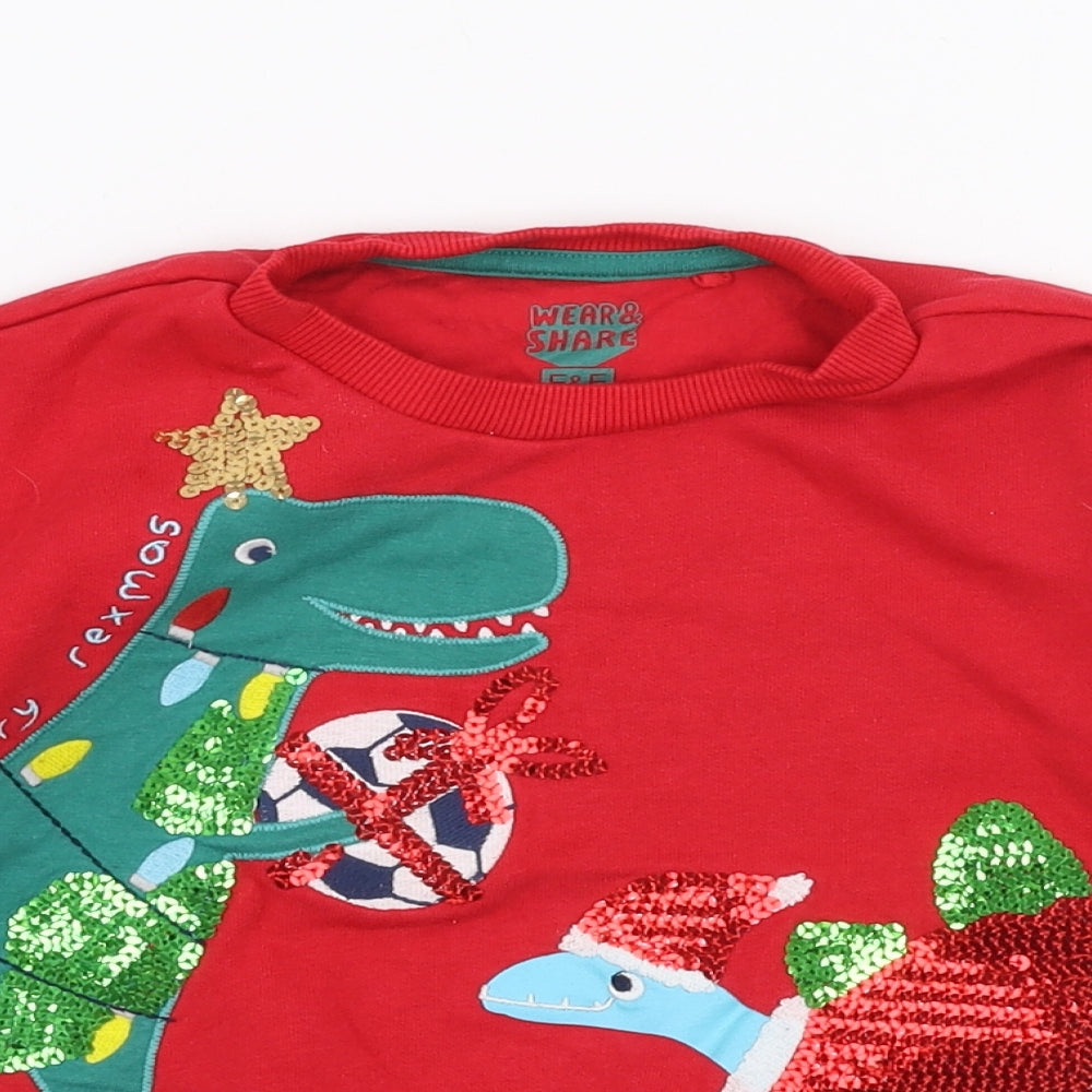F&F Boys Red  Cotton Pullover Sweatshirt Size 2-3 Years  Pullover - Dinosaur Christmas