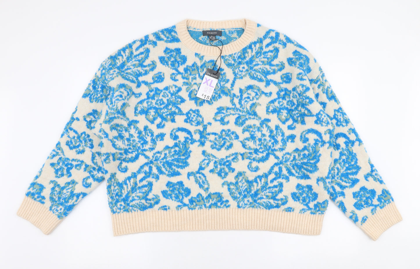 Primark Womens Blue Round Neck Fair Isle Acrylic Pullover Jumper Size XL