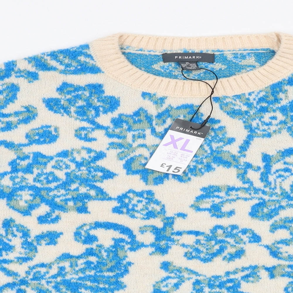 Primark Womens Blue Round Neck Fair Isle Acrylic Pullover Jumper Size XL