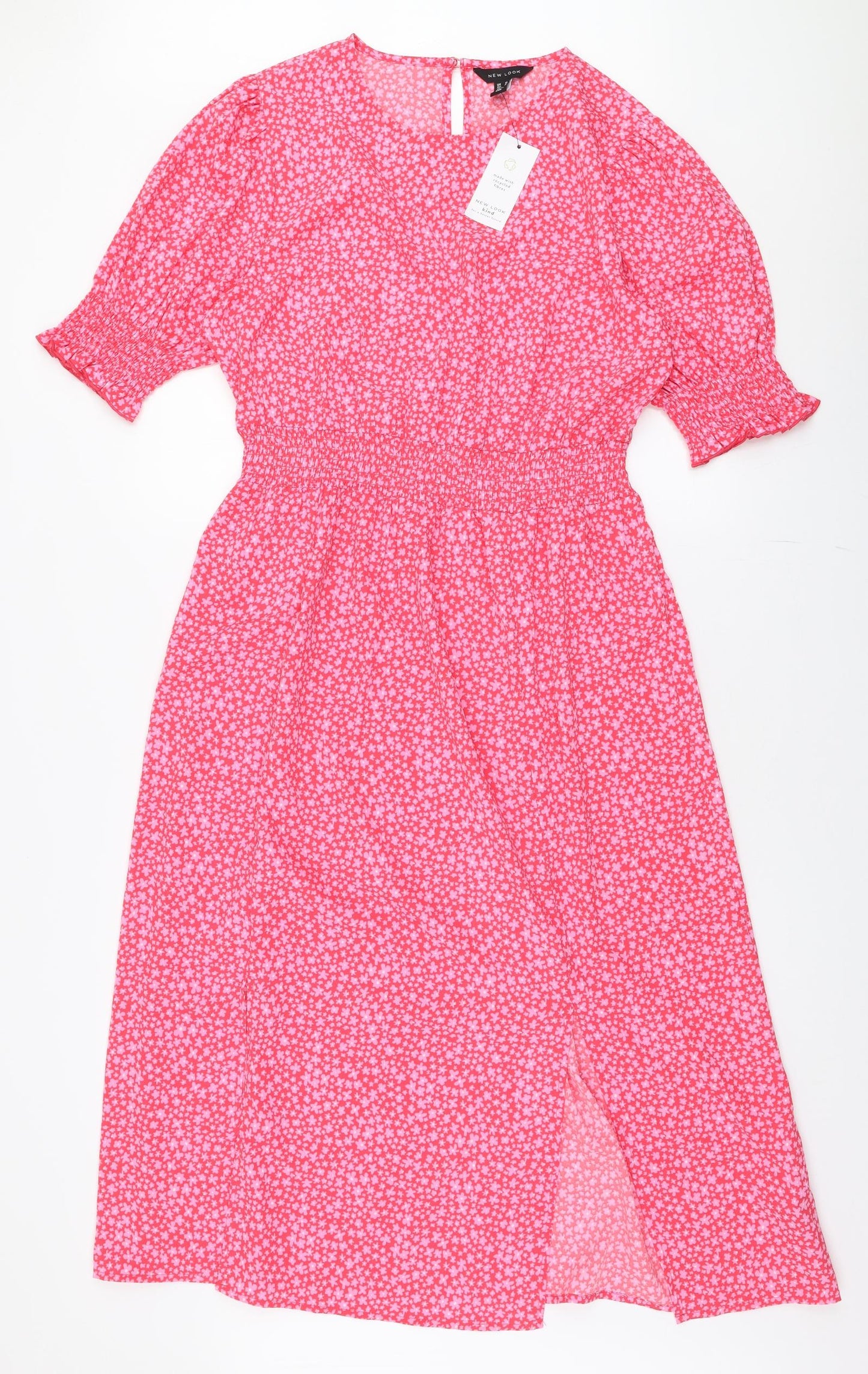 New Look Womens Pink Floral Polyester A-Line  Size 14  Round Neck Button