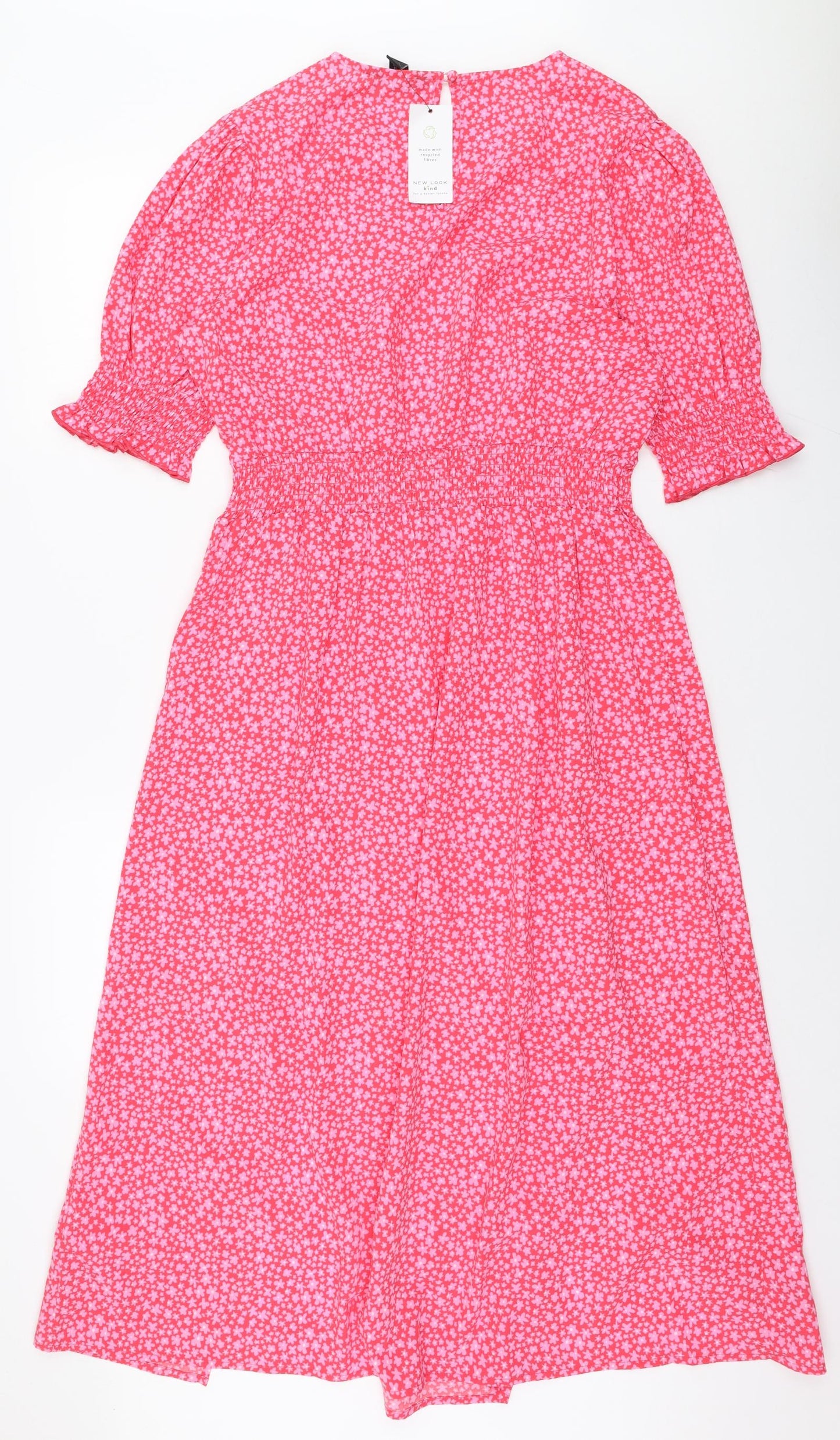 New Look Womens Pink Floral Polyester A-Line  Size 14  Round Neck Button