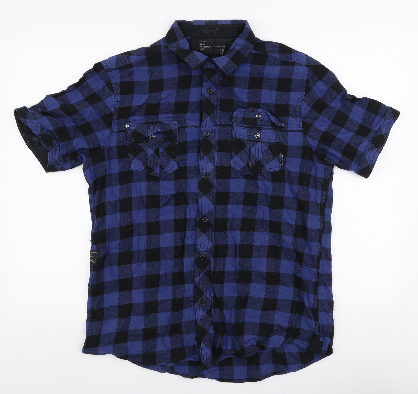 Dissident Mens Blue Plaid Cotton  Button-Up Size L Collared Button