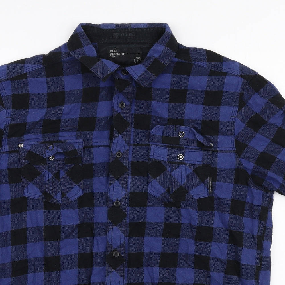 Dissident Mens Blue Plaid Cotton  Button-Up Size L Collared Button