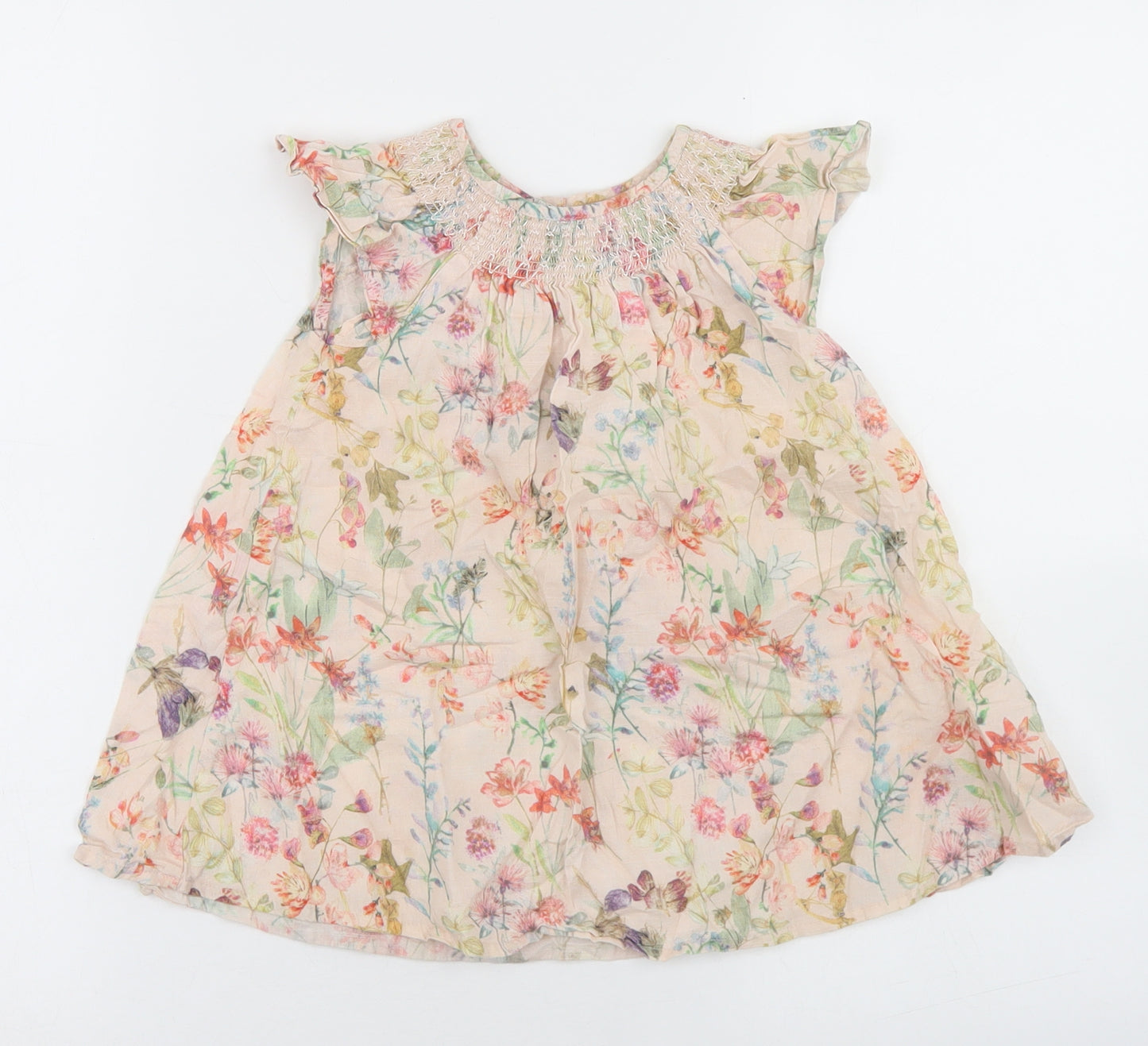 NEXT Girls Beige Floral Cotton A-Line  Size 18-24 Months  Round Neck Button