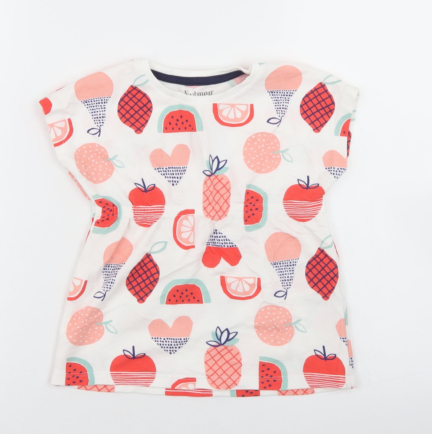 Nutmeg Girls White Geometric Cotton Basic T-Shirt Size 3-4 Years Crew Neck  - Fruit Print, Peplum