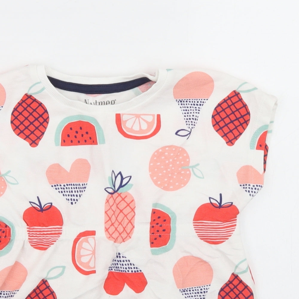 Nutmeg Girls White Geometric Cotton Basic T-Shirt Size 3-4 Years Crew Neck  - Fruit Print, Peplum