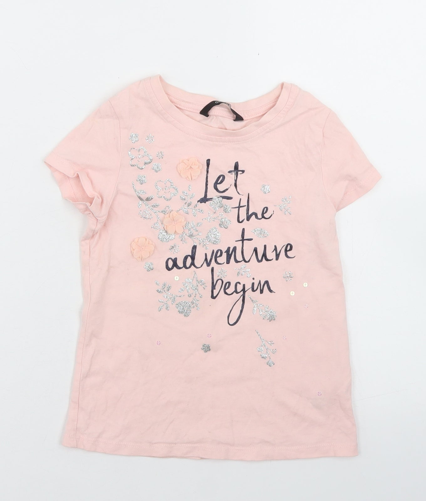 George Girls Pink  Cotton Basic T-Shirt Size 5-6 Years Crew Neck  - Let the Adventure Begin