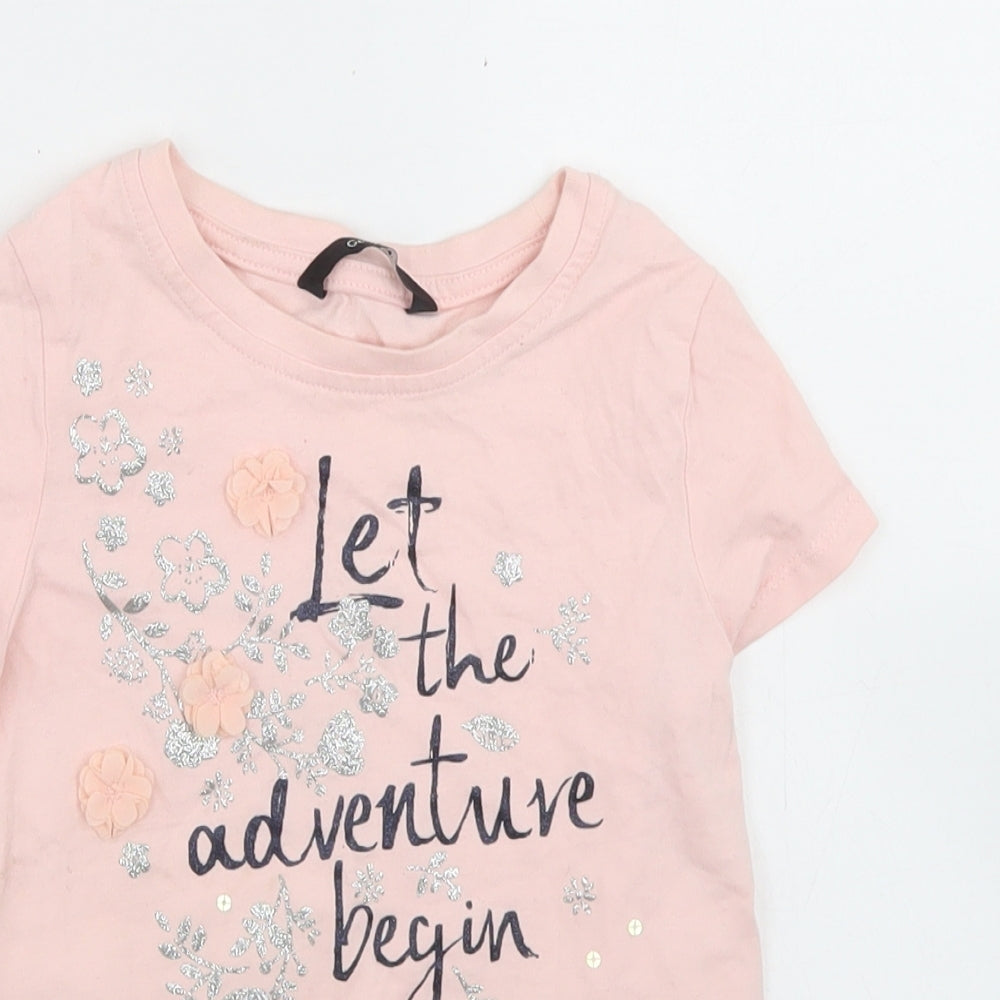 George Girls Pink  Cotton Basic T-Shirt Size 5-6 Years Crew Neck  - Let the Adventure Begin