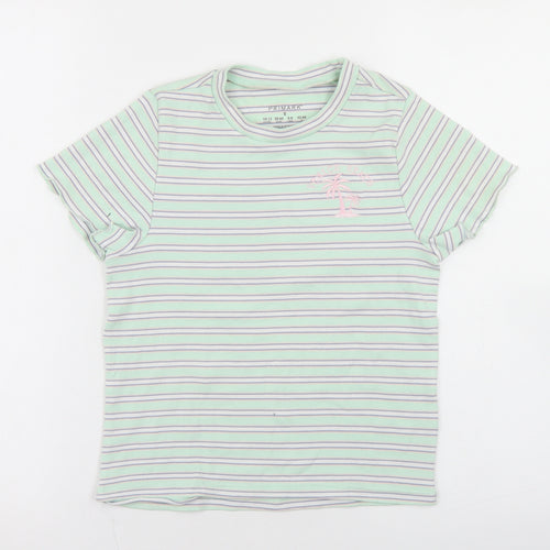 Primark Womens Green Striped Polyester Basic T-Shirt Size 10 Crew Neck