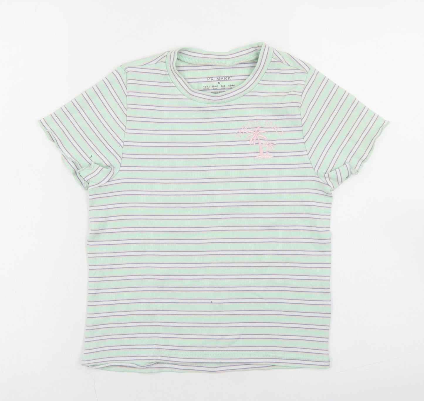 Primark Womens Green Striped Polyester Basic T-Shirt Size 10 Crew Neck