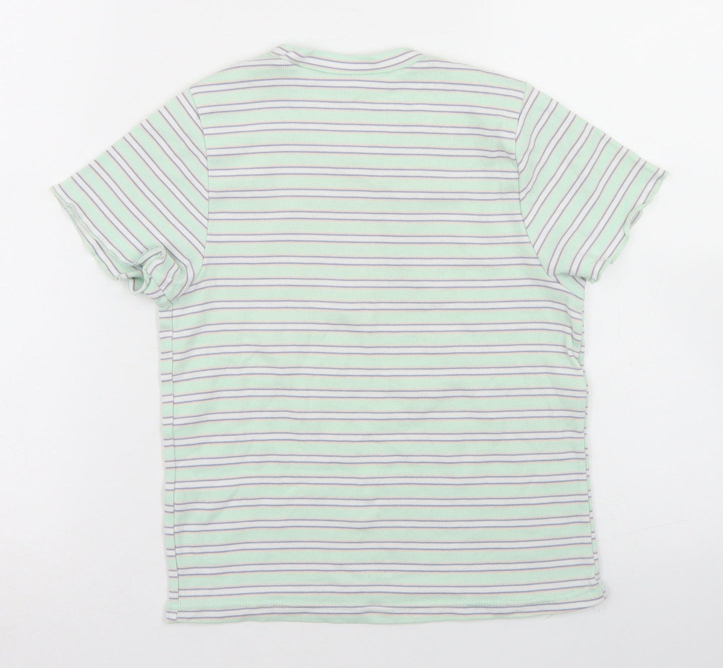 Primark Womens Green Striped Polyester Basic T-Shirt Size 10 Crew Neck