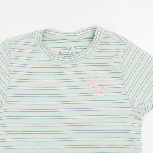 Primark Womens Green Striped Polyester Basic T-Shirt Size 10 Crew Neck