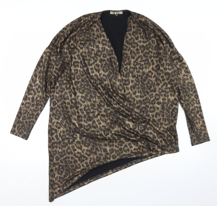 BiBA Womens Beige Animal Print Nylon Basic Blouse Size 10 V-Neck