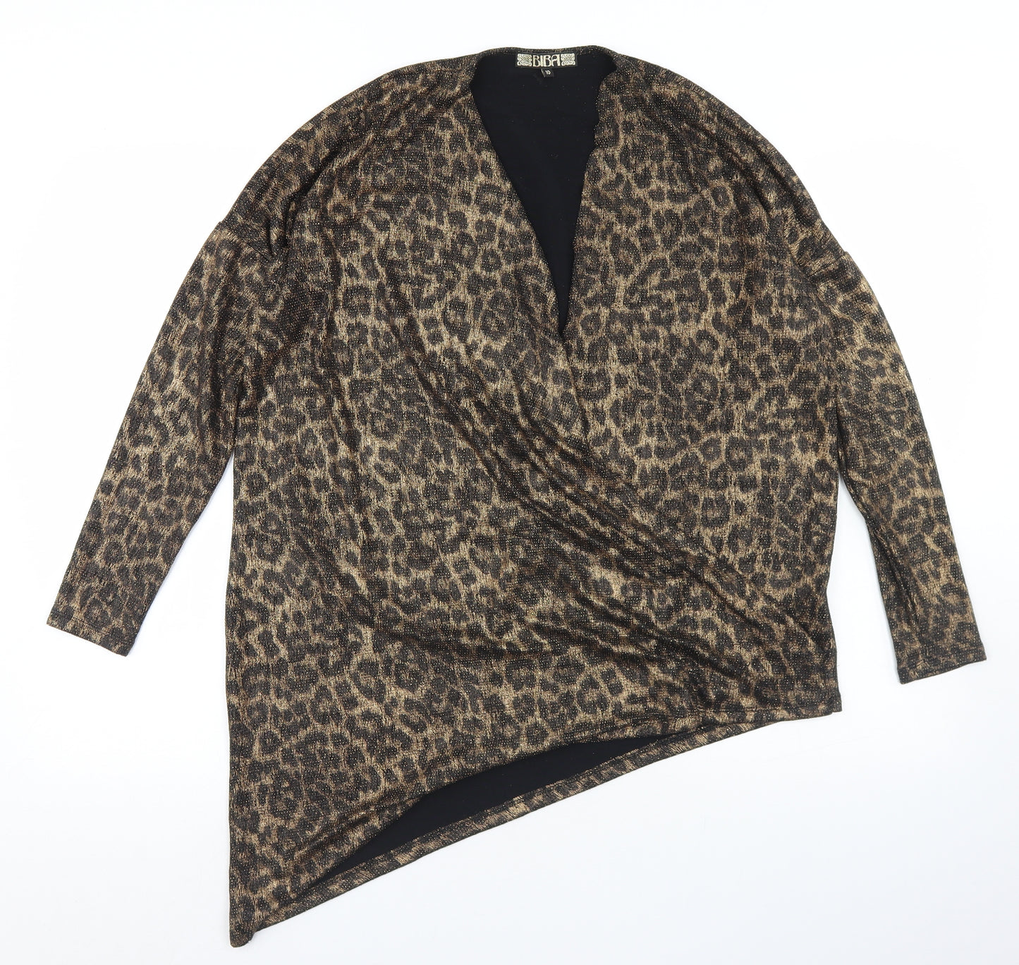 BiBA Womens Beige Animal Print Nylon Basic Blouse Size 10 V-Neck