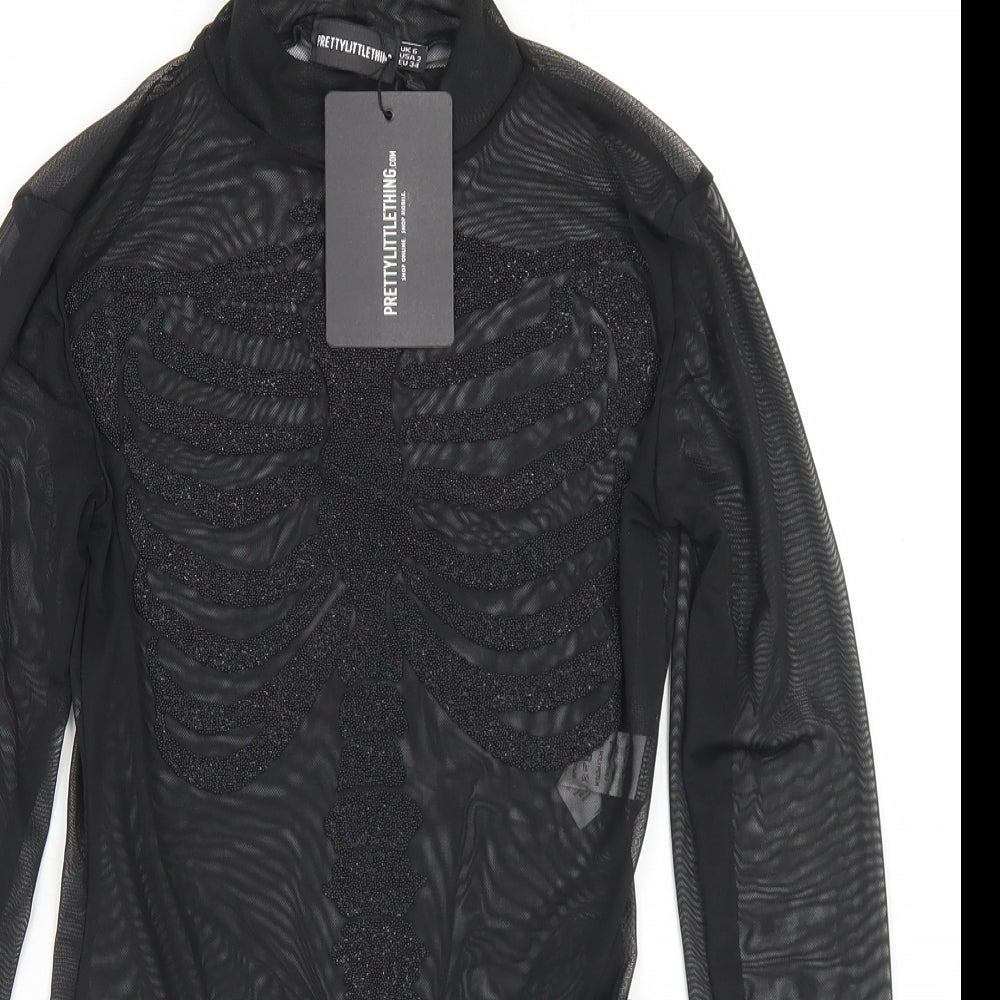 PRETTYLITTLETHING Womens Black  Polyester Bodysuit One-Piece Size 6  Snap - Skeleton