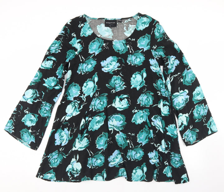 MINKPINK Womens Black Floral Viscose Trapeze & Swing Size M Round Neck - Flare Sleeve