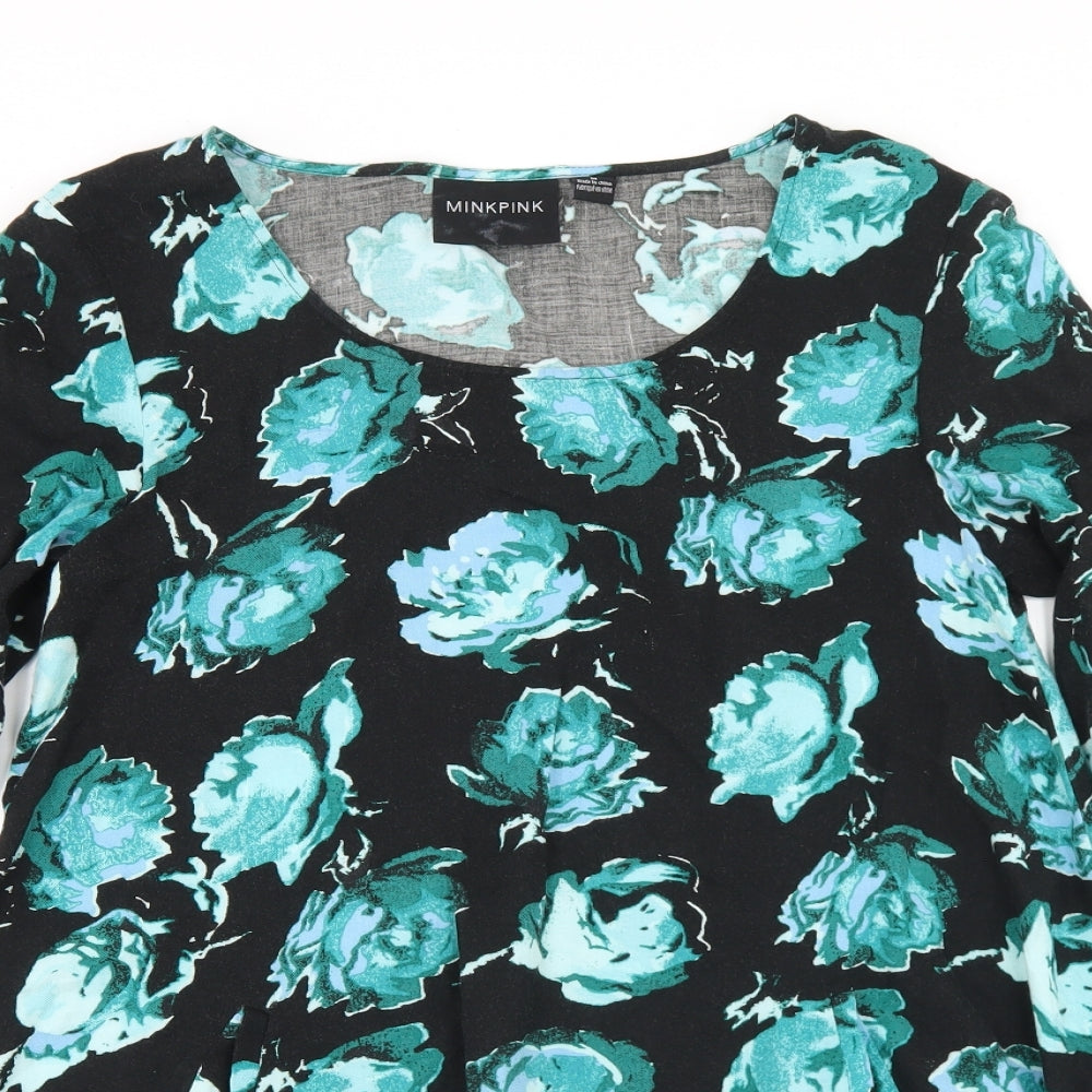 MINKPINK Womens Black Floral Viscose Trapeze & Swing  Size M  Round Neck  - Flare Sleeve