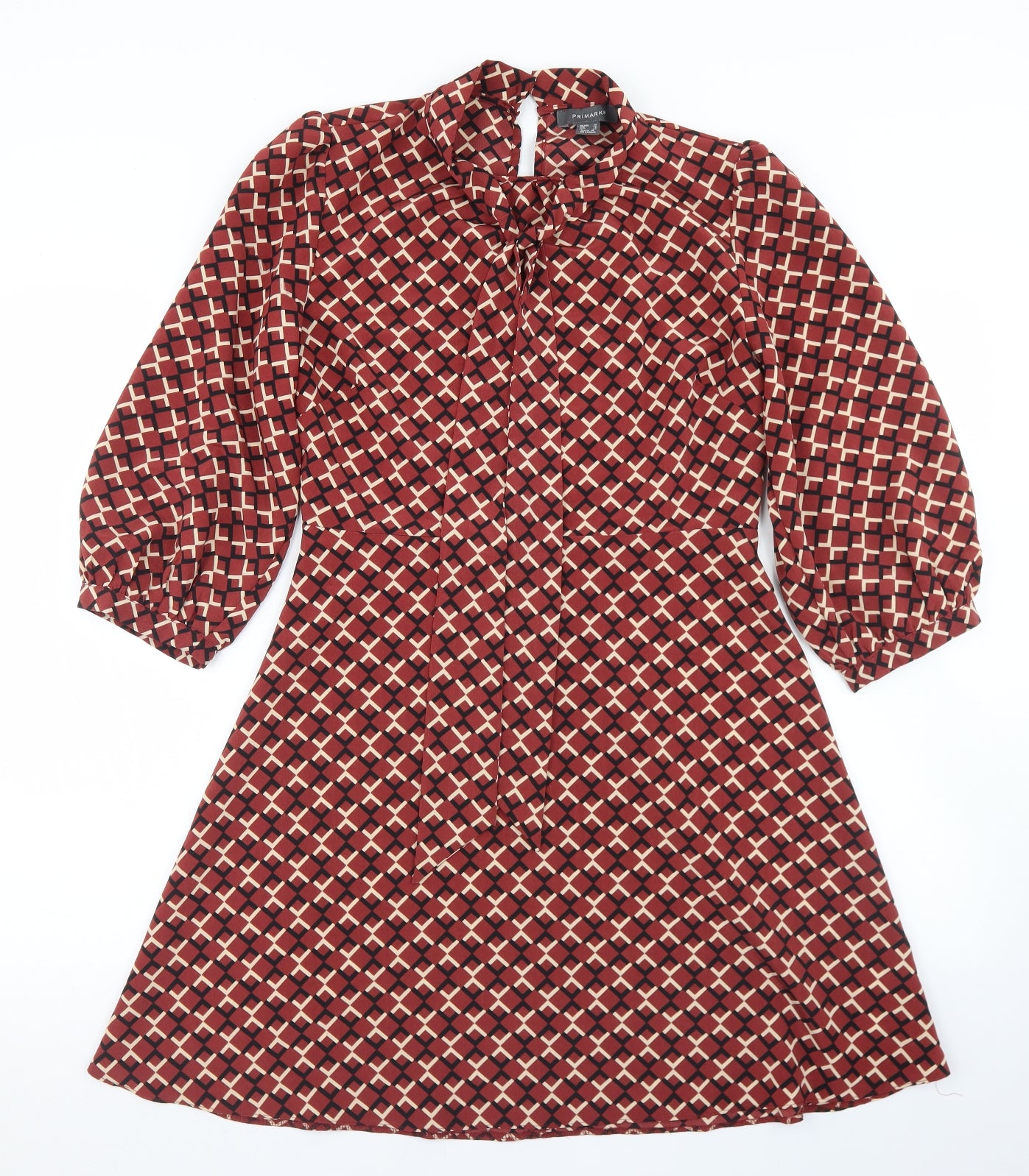 Primark Womens Brown Geometric Polyester Skater Dress  Size 10  Mock Neck Button