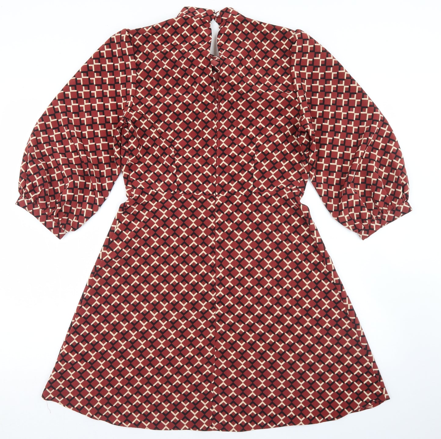 Primark Womens Brown Geometric Polyester Skater Dress  Size 10  Mock Neck Button