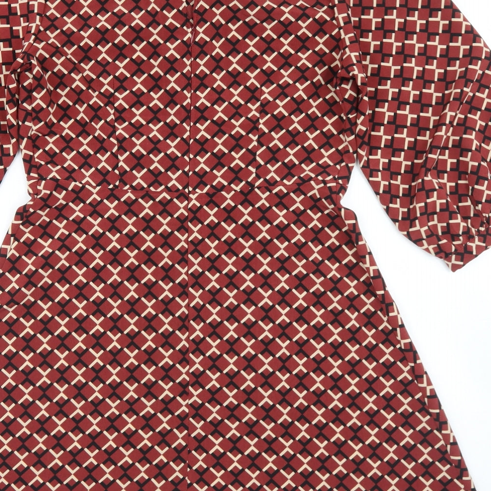 Primark Womens Brown Geometric Polyester Skater Dress  Size 10  Mock Neck Button