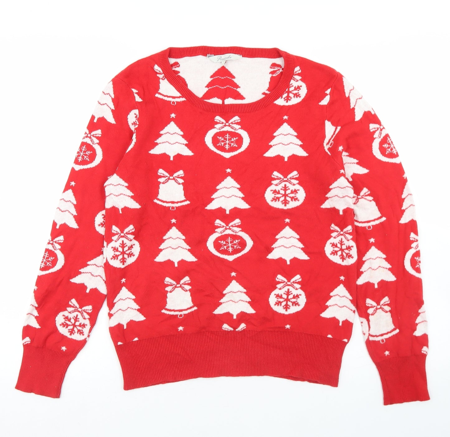 Peacocks Womens Red Crew Neck Geometric Cotton Pullover Jumper Size 12   - Christmas
