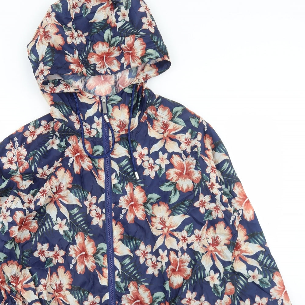 Classic Womens Blue Floral  Rain Coat Jacket Size M  Zip