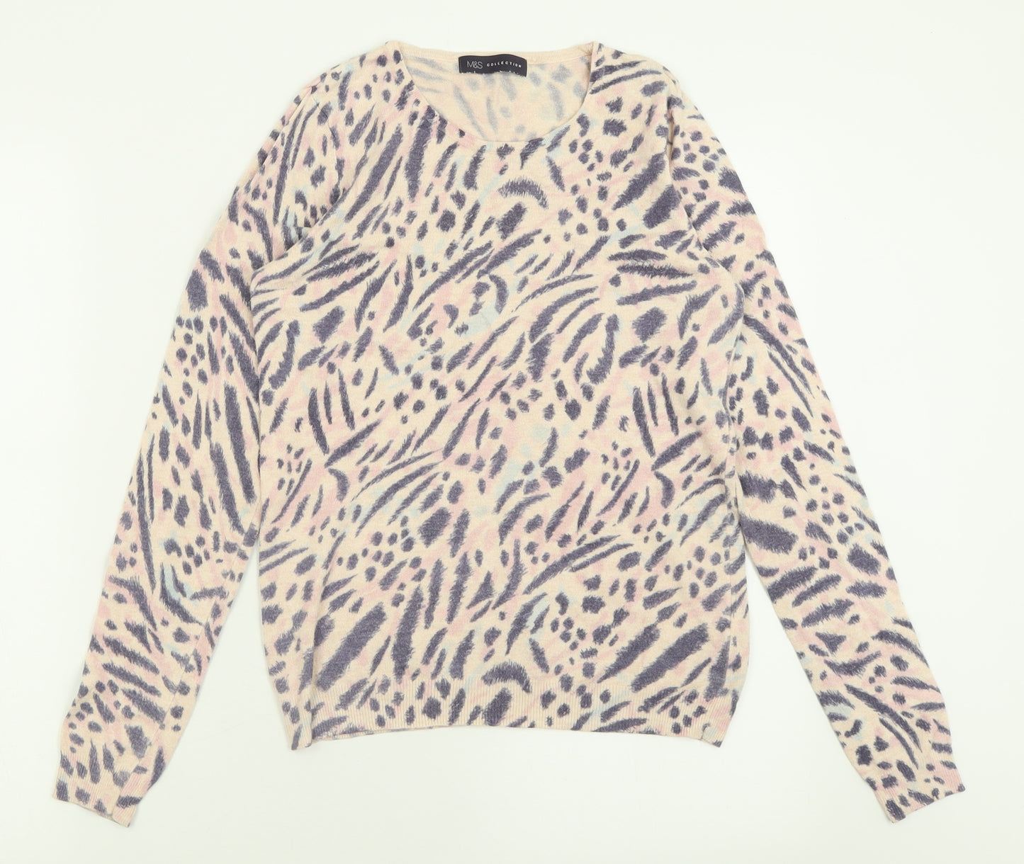 Marks and Spencer Womens Purple Crew Neck Animal Print Viscose Pullover Jumper Size 8