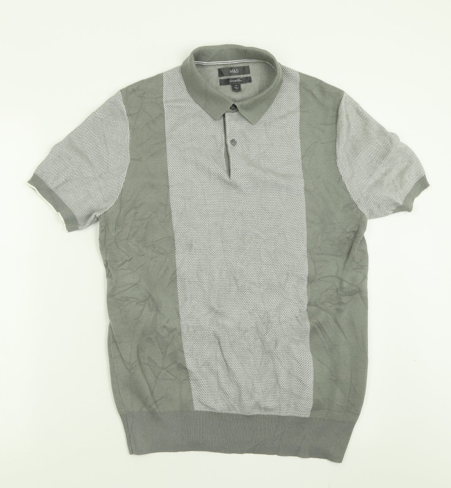 Marks and Spencer Mens Green  Cotton  Polo Size M Collared Button