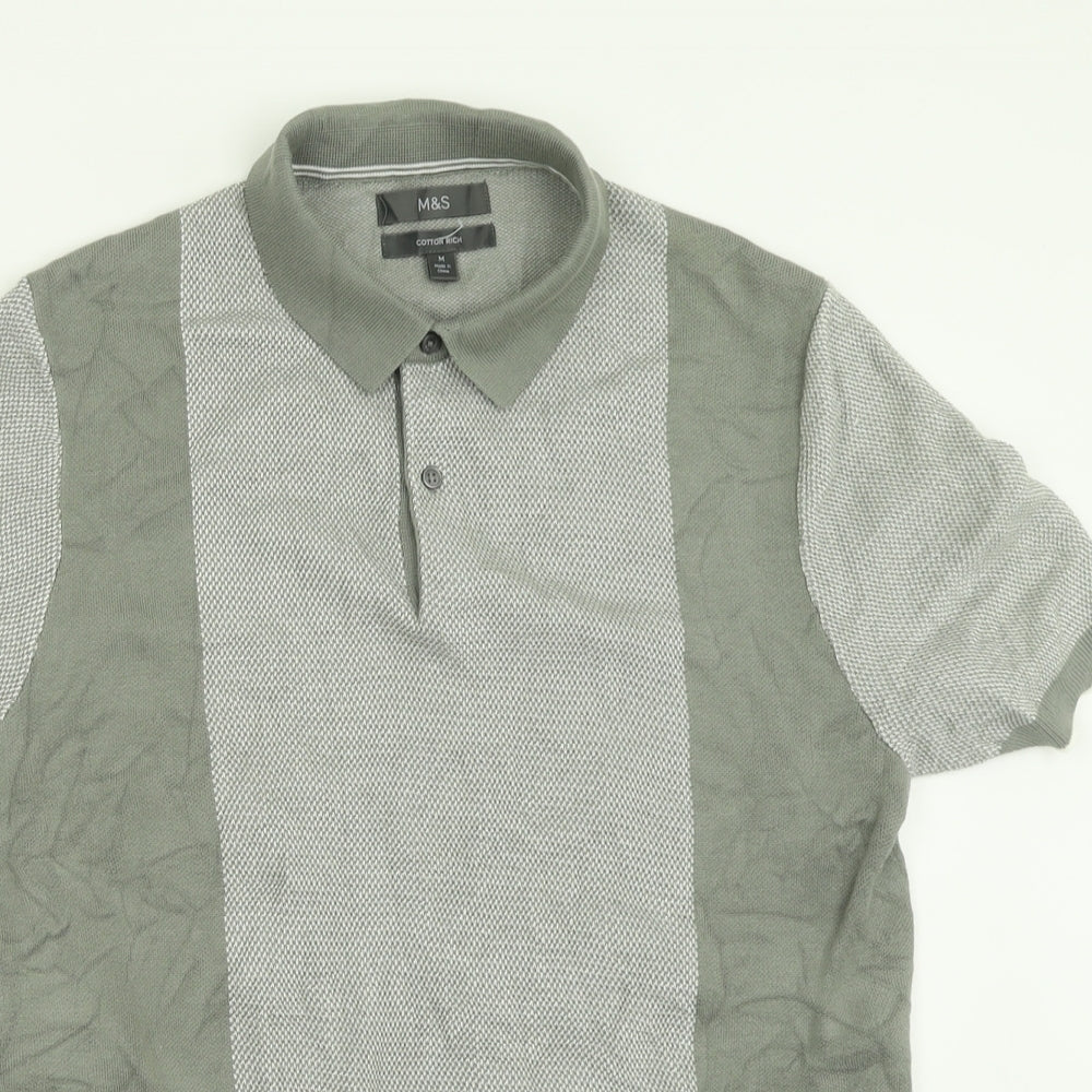 Marks and Spencer Mens Green  Cotton  Polo Size M Collared Button