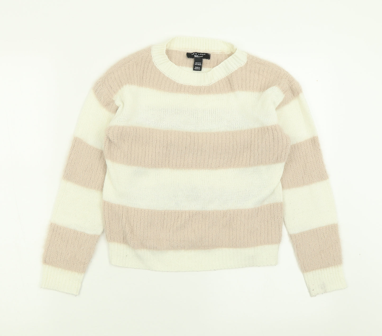New Look Girls Ivory Crew Neck Striped Acrylic Pullover Jumper Size 10-11 Years  Pullover
