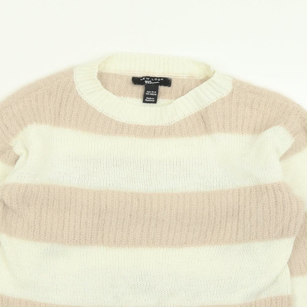 New Look Girls Ivory Crew Neck Striped Acrylic Pullover Jumper Size 10-11 Years  Pullover