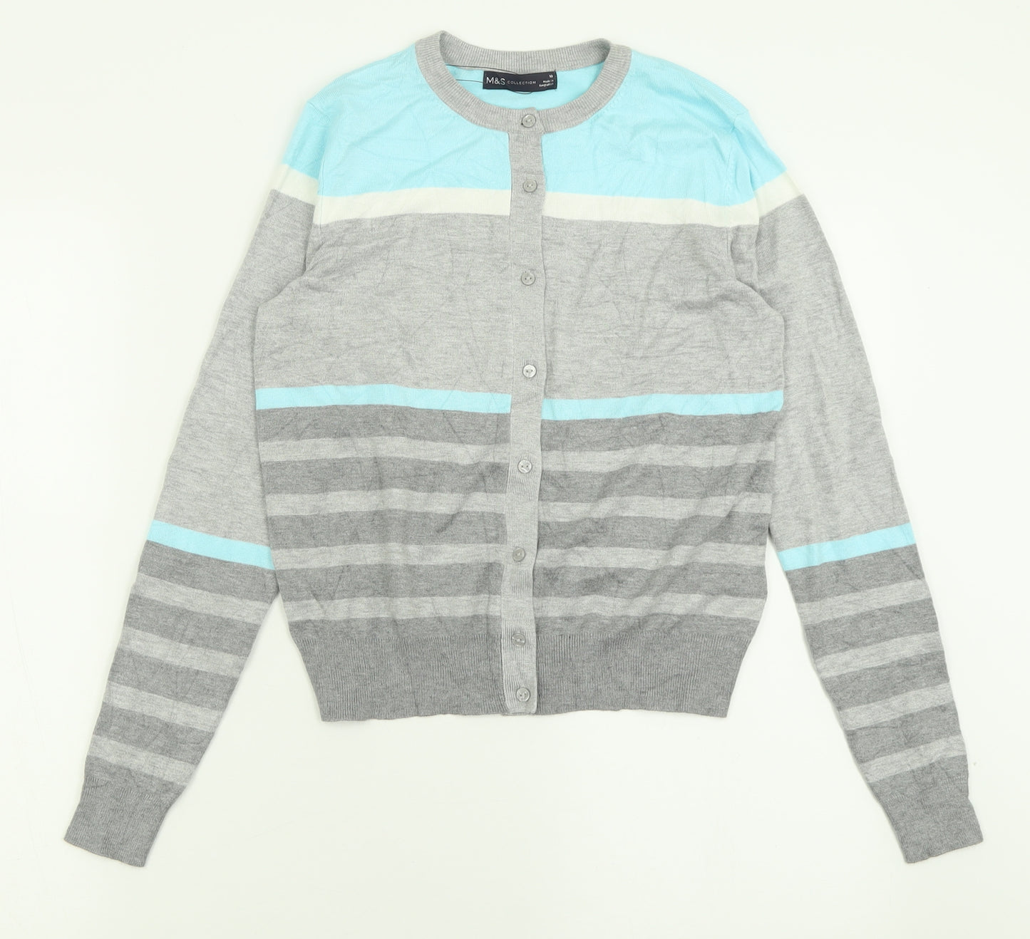 Marks and Spencer Womens Grey Crew Neck Striped Viscose Cardigan Jumper Size 10