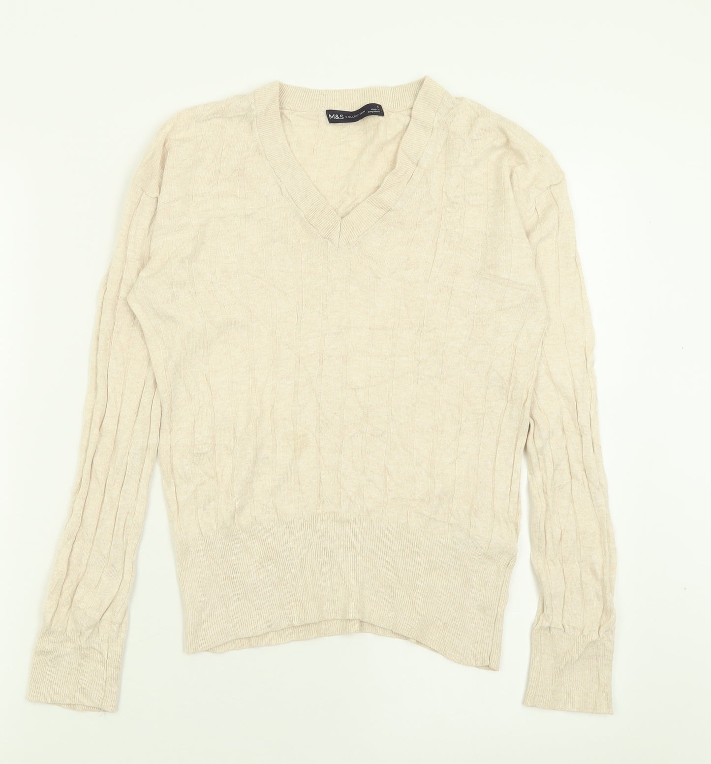 Marks and Spencer Womens Beige V-Neck  Viscose Pullover Jumper Size S