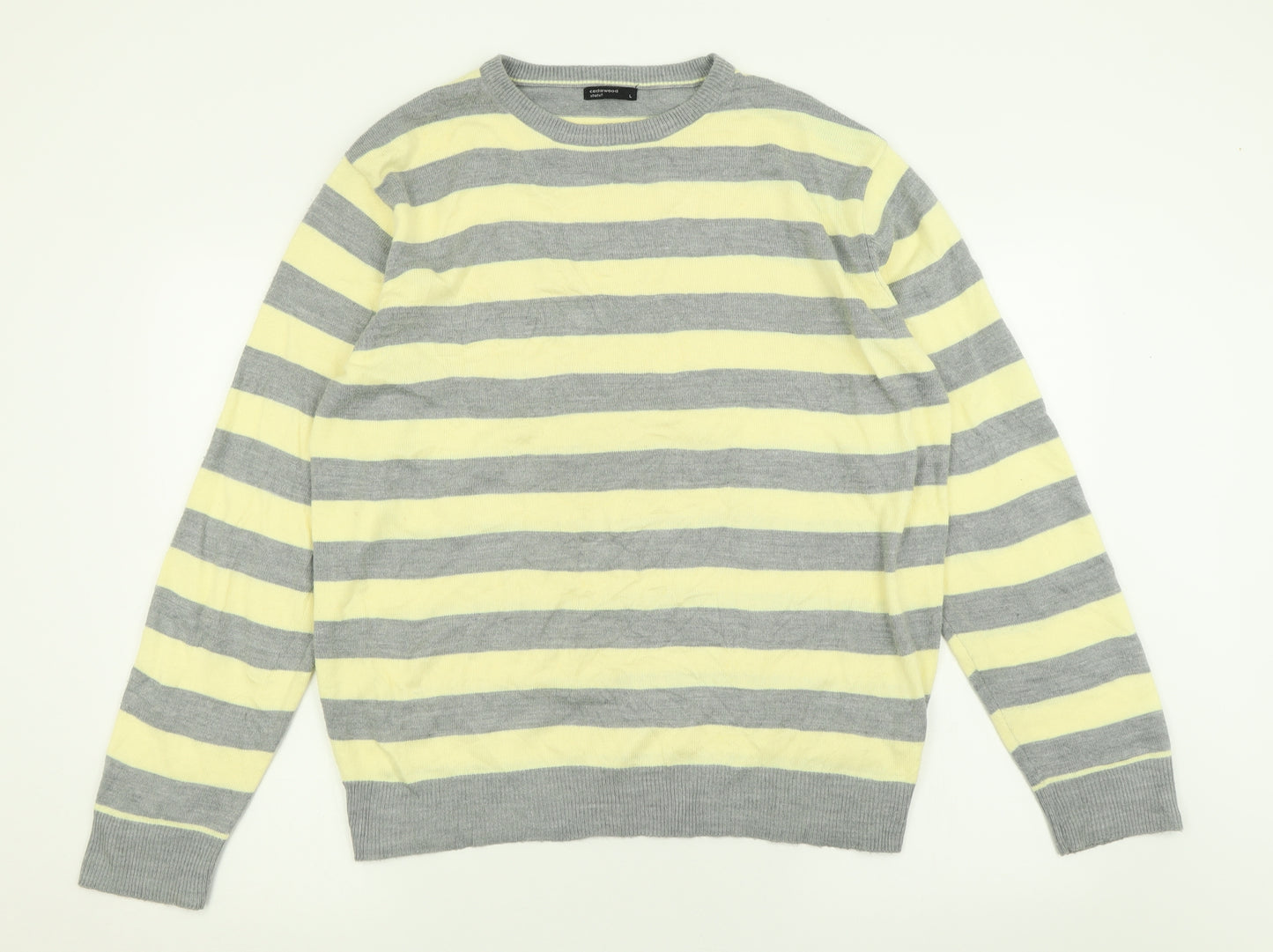 Cedar Wood State Mens Yellow Crew Neck Striped Acrylic Pullover Jumper Size L