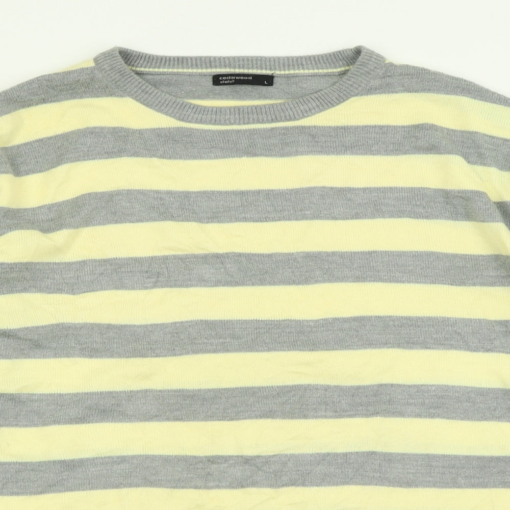Cedar Wood State Mens Yellow Crew Neck Striped Acrylic Pullover Jumper Size L