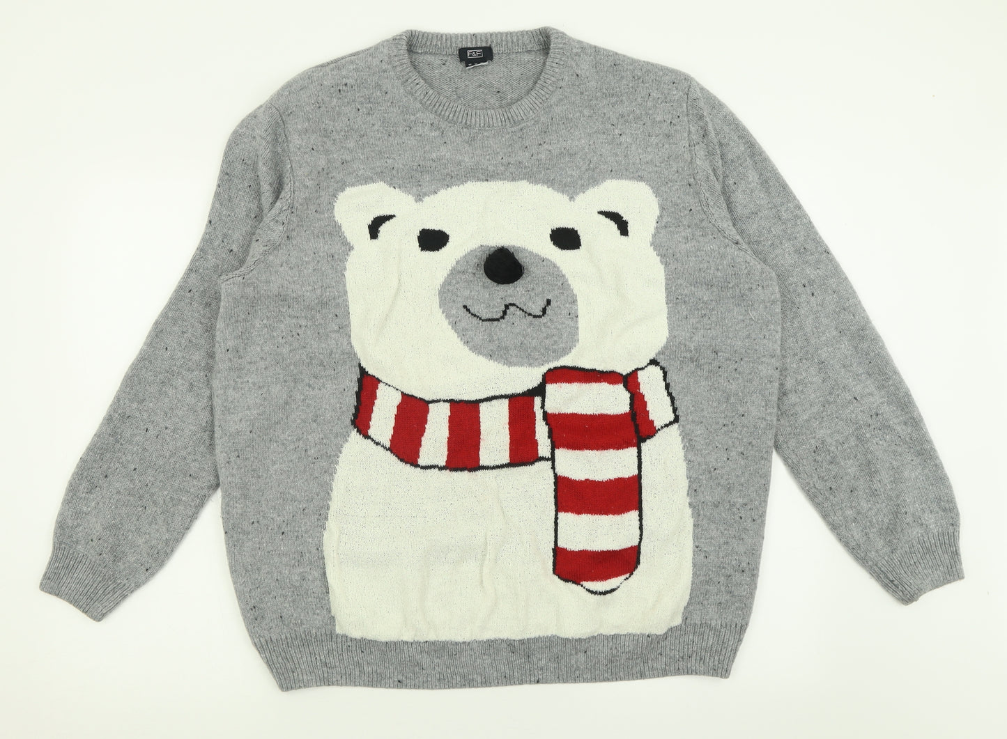 F&F Mens Grey Crew Neck  Acrylic Pullover Jumper Size 2XL