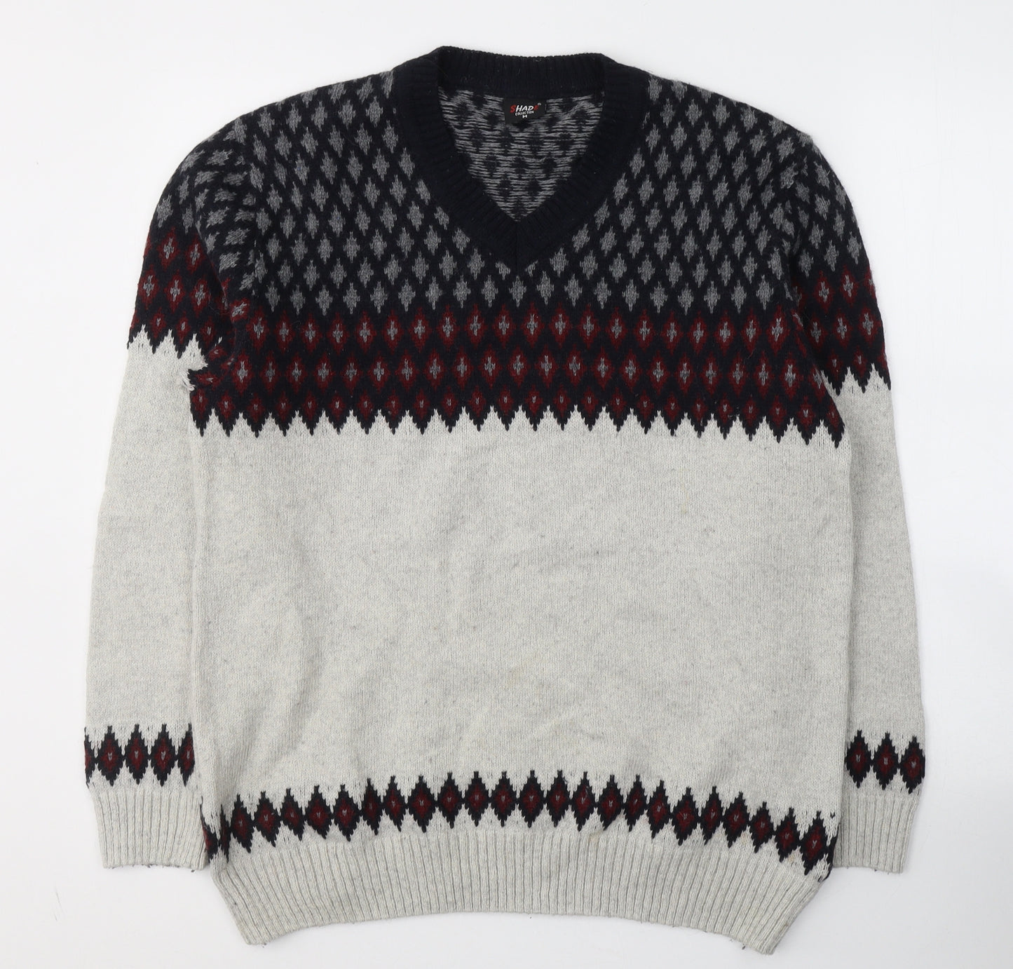 Shade Mens Grey Round Neck Fair Isle Wool Pullover Jumper Size M