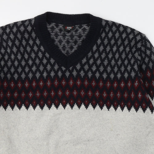 Shade Mens Grey Round Neck Fair Isle Wool Pullover Jumper Size M